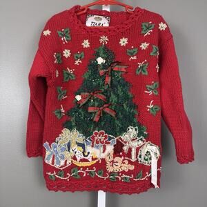 Vintage Tiara International Red Christmas Tree Sweater Girls Size 6X Embellished